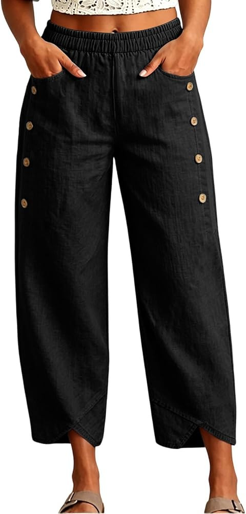 Women Loose Elastic High Waist Pants Side Button Irregular Split Hem Linen Trousers Wide Leg Pant... | Amazon (US)