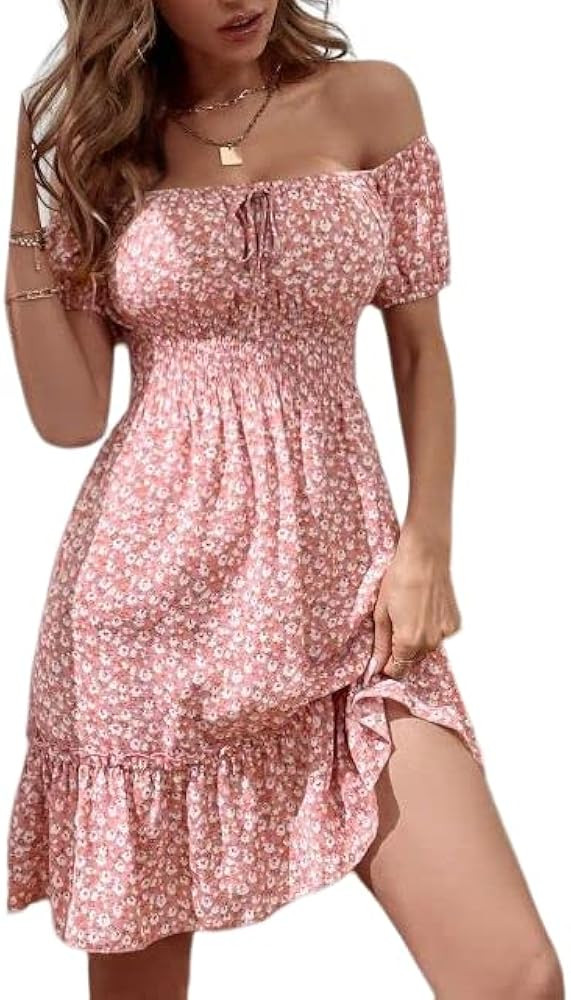 SOLY HUX Women's Ditsy Floral Off Shoulder A Line Mini Dress Tie Front Ruffle Hem Short Sleeve Su... | Amazon (US)