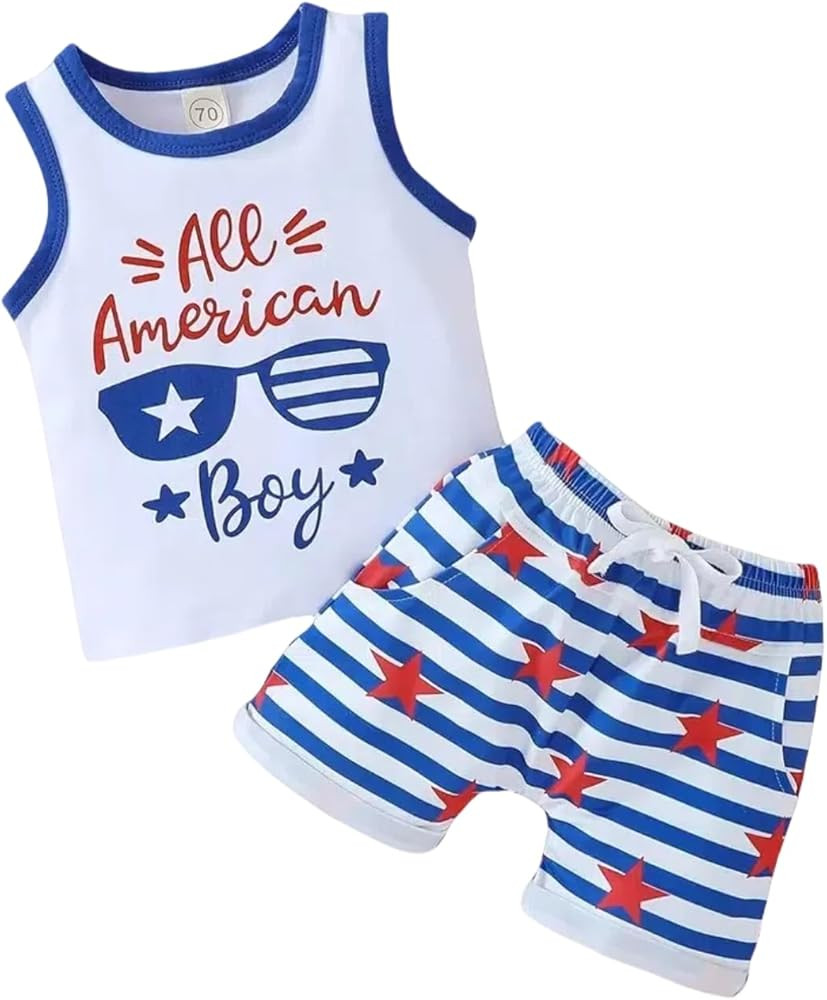 Toddler Boy 4th of July Outfit All American Boy Sleeveless T-shirt Top USA Flag Shorts Boy Indepe... | Amazon (US)