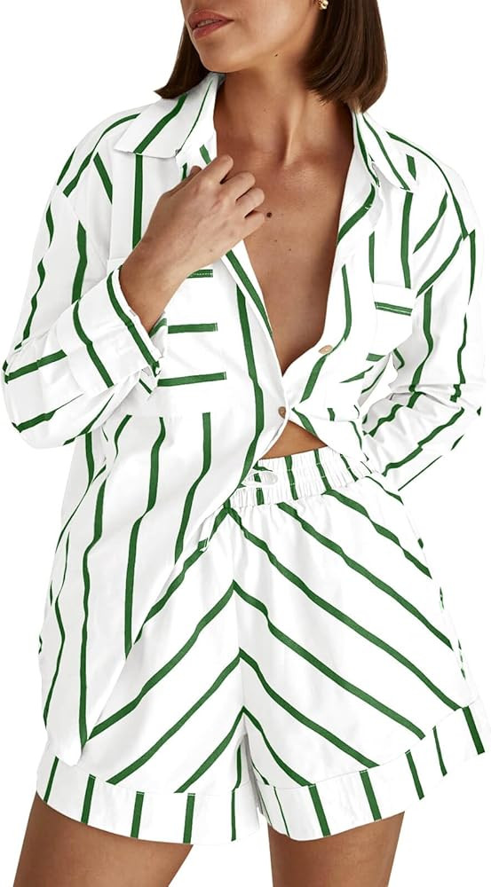 Tankaneo Womens Striped 2 Piece Outfits Button Down Shirts and Shorts Lounge Matching Sets | Amazon (US)