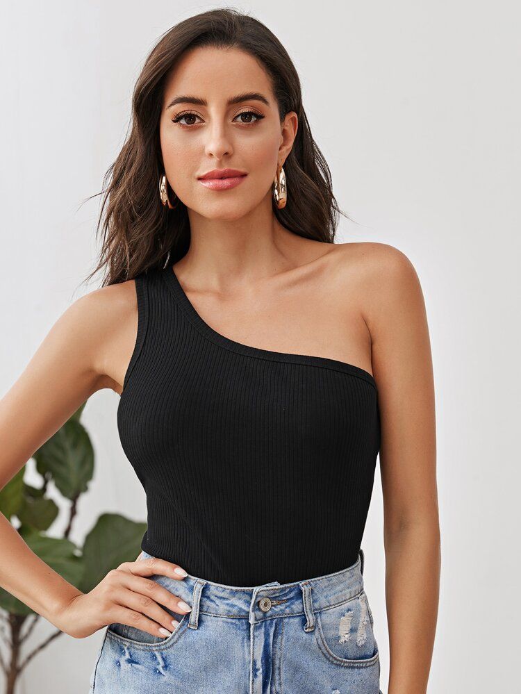 Solid One Shoulder Fitted Top | SHEIN