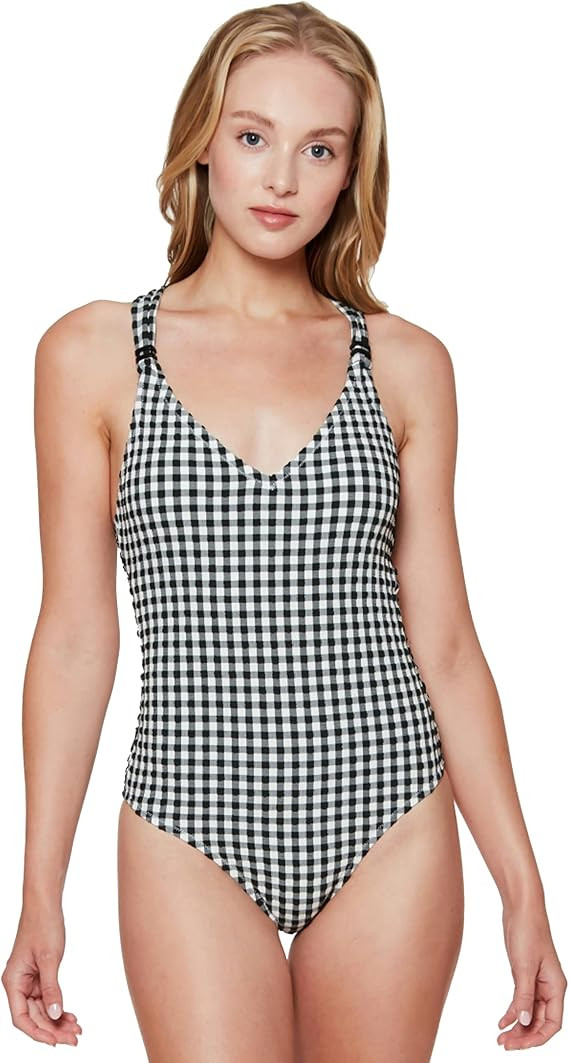 Jessica Simpson Women's Standard V Neck One Piece Swimsuit Bathing Suit | Amazon (US)