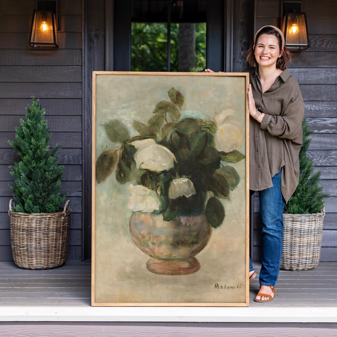 Vintage Oil Print Wall Art | Vintage Still Life Flower Wall Art | Large Canvas Framed Vertical Li... | Etsy (US)