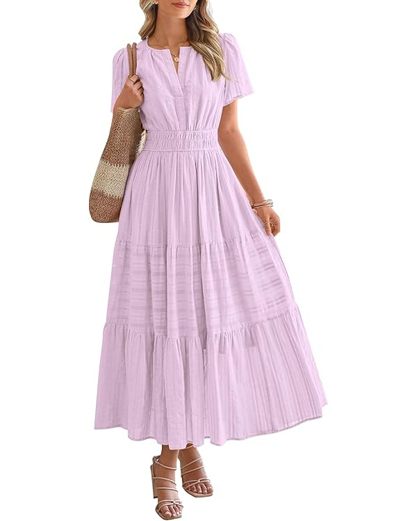 BTFBM Womens Summer 2025 Casual Midi Maxi Dresses Lightweight Short Sleeve V Neck Elastic Waist B... | Amazon (US)