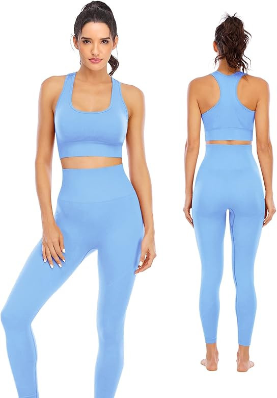 Workout Sets for Women 2 Piece High Waisted Seamless Leggings with Padded Sports Bra Sets Yoga Outfi | Amazon (US)