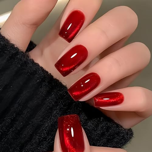 Red Press on Nails Medium Square Fake Nails Wine Red Cat Eye False Nails Glossy Chrome Glue on Nails Shiny Glitter Reusable Artificial Acrylic Nail for Women Girls Manicure 24Pcs | Amazon (US)