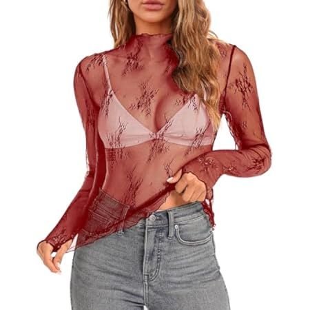PAODIKUAI Women's Sheer Mesh Top Mock Neck Lace Layering Top Long Sleeve Mesh Shirt See Through S... | Amazon (US)