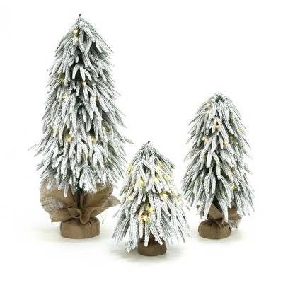 LuxenHome 3-Piece Snowy Christmas Tree Set with Battery Lights & Burlap Base, Holiday Decor Green | Target
