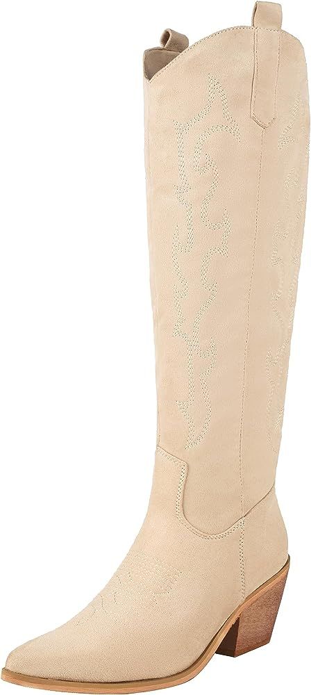 Cowboy Boots for Women Embroidery Western Cowgirl Knee High Chunky Heel Boots with Pull-Up Tabs | Amazon (US)