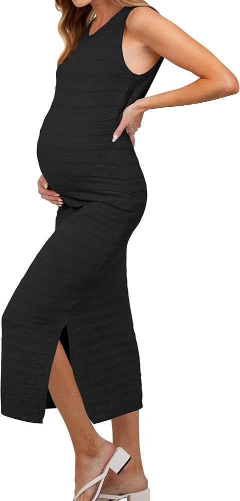 OUGES Women's 2025 Summer Maternity Dress Knit Sleeveless Crewneck Midi Dress Side Slit Striped B... | Amazon (US)