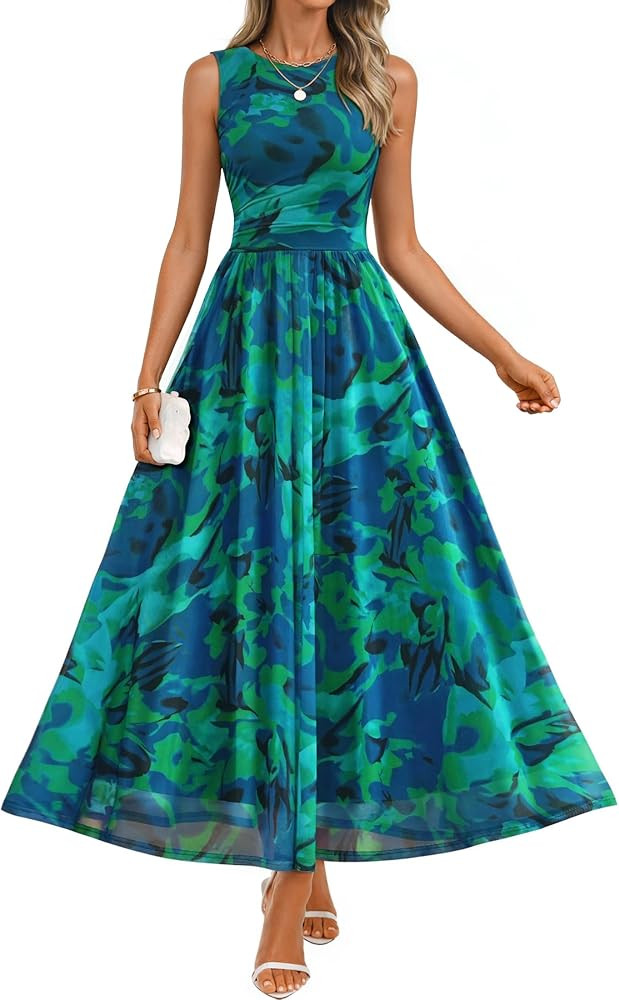 ZESICA Women's Summer Sleeveless Floral Maxi Dress 2026 Casual Crewneck Mesh A Line Flowy Boho Be... | Amazon (US)