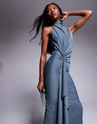 ASOS DESIGN sculpting jersey high neck drape ruffle maxi dress in slate gray | ASOS | ASOS (Global)