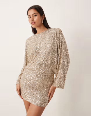 Gina Tricot long sleeve sequin low back mini dress in gold | ASOS | ASOS (Global)