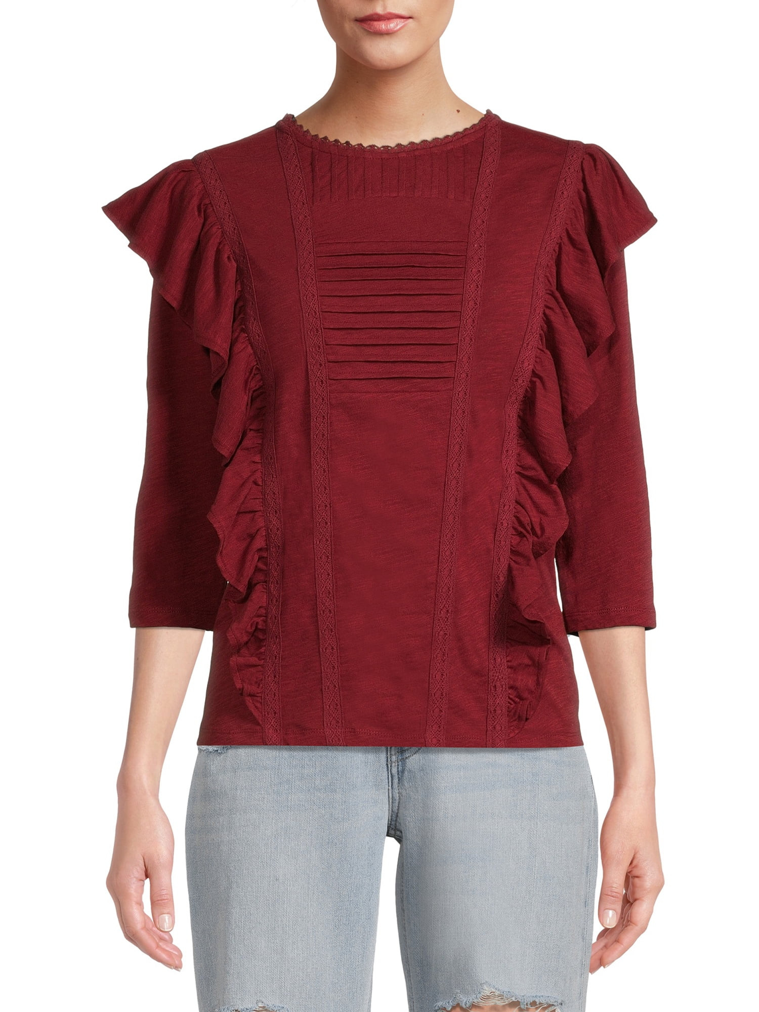 Time and Tru Women’s 3/4 Sleeve Ruffle Top - Walmart.com | Walmart (US)