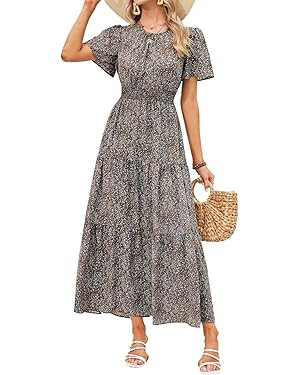 PRETTYGARDEN Women's Summer Casual Short Flutter Sleeve Round Neck Smocked Waist Tiered Boho Flor... | Amazon (US)