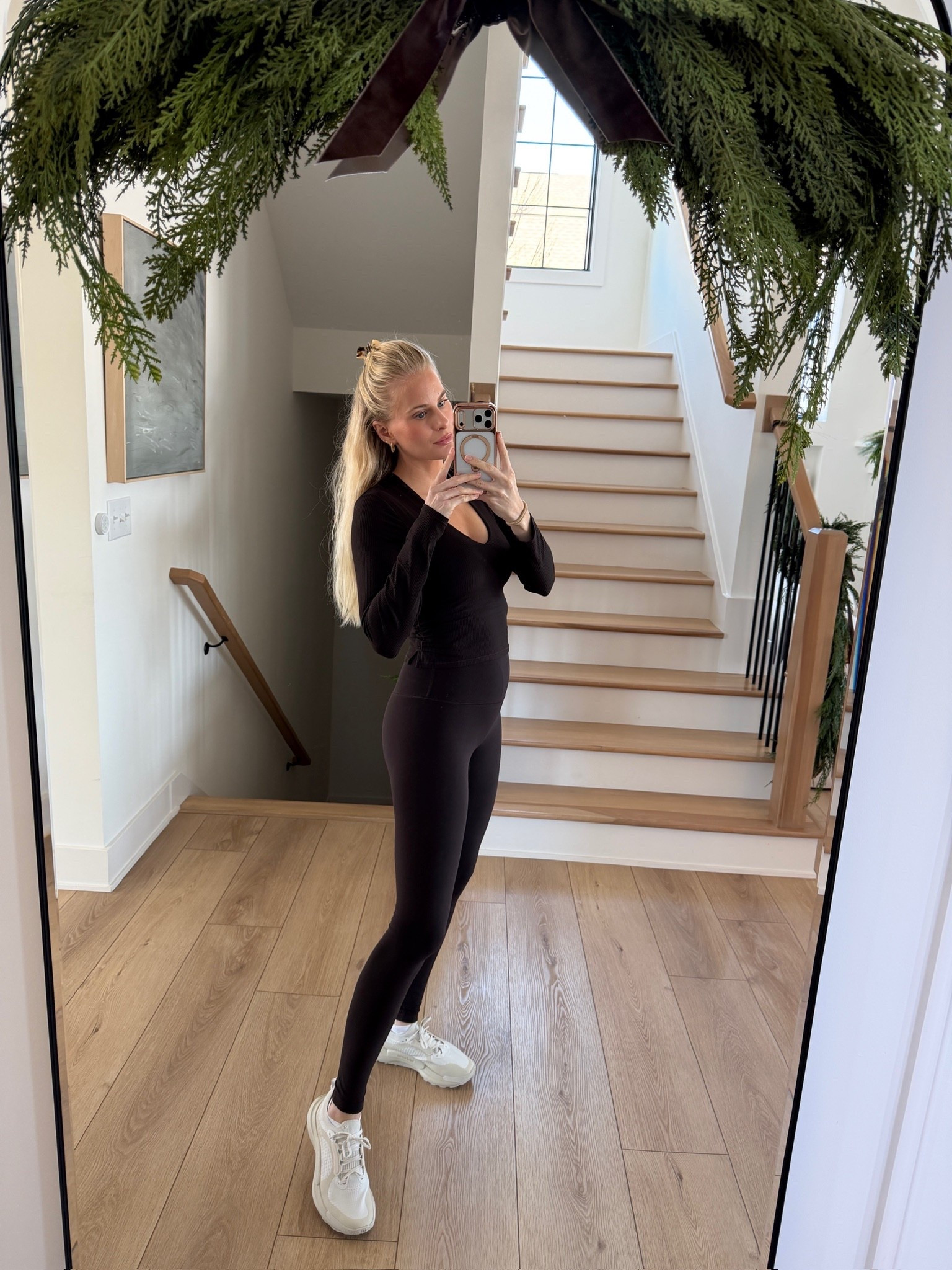 Wearing a size 6 in top, 4 in leggings (28”), shoes are tts! Top & legging color: sequoia

#kathleenpost Workout outfit, fall fitness, fall walk outfit, athleisure, errands outfit 

#LTKdayinmylife #LTKootd #LTKfitnessgoals