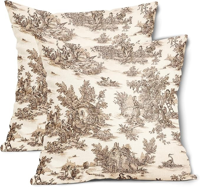 Brown Toile Pillow Covers 20x20 Inch Set of 2 Tan and Beige French Country Cotton Linen Decorativ... | Amazon (US)