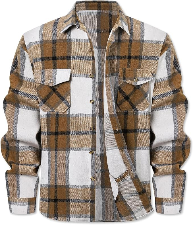 Cromoncent Men's Long Sleeve Thick Flannel Shirt Button Down Plaid Heavyweight Jacket | Amazon (US)