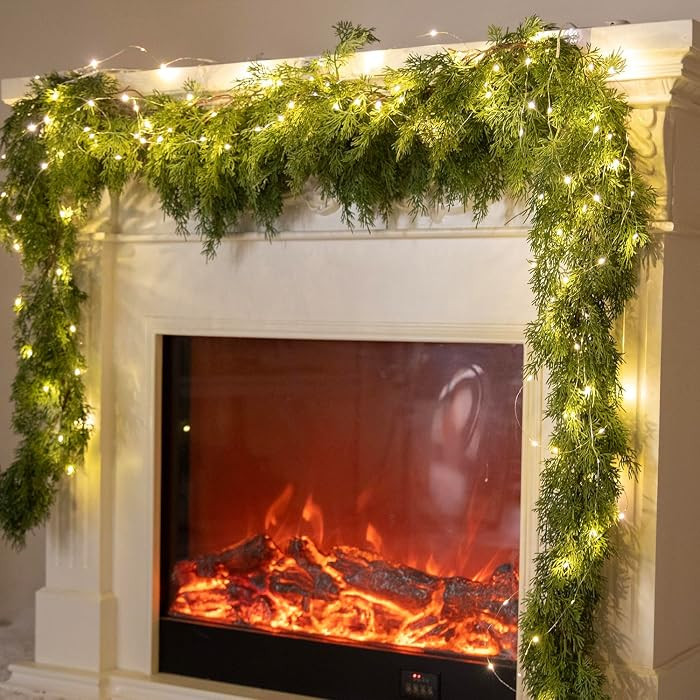 6FT Christmas Garland PARTY JOY Cedar Garland with 9.8FT LED String Lights, Greenery Plant for Ch... | Amazon (US)