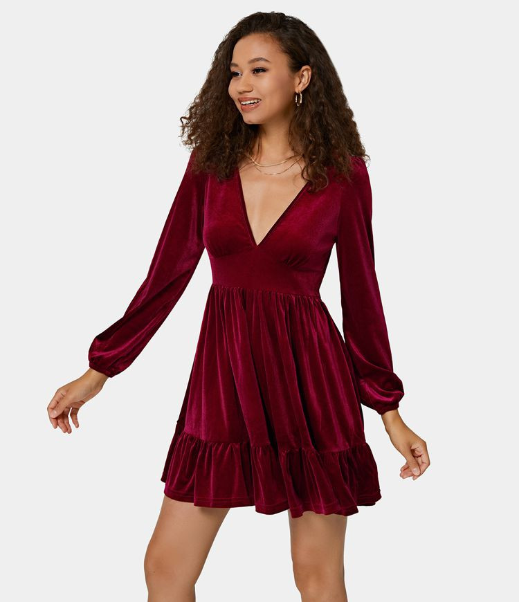 Everyday Deep V Neck Ruffled Hem Velvet Mini Chill Dress | HALARA