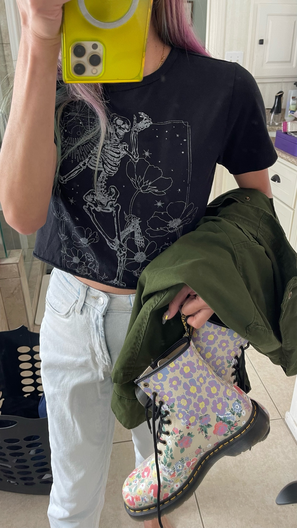 Casual style for rainy spring days call for classic jeans, cropped tee, fun, floral, combat boots, and a light jacket

#LTKStyleTip