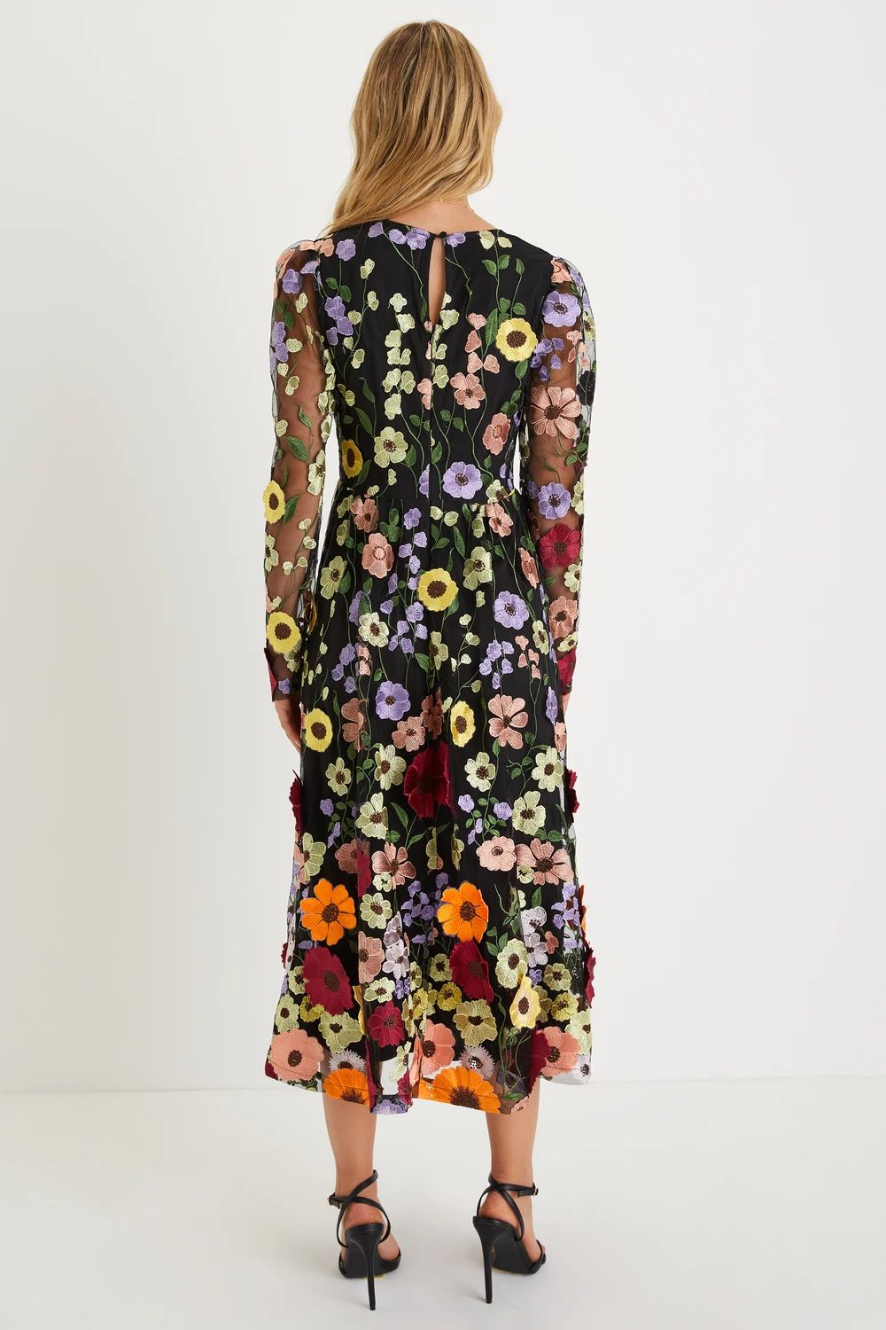 Impressive Blossom Black 3D Floral Embroidered Midi Dress | Lulus (US)