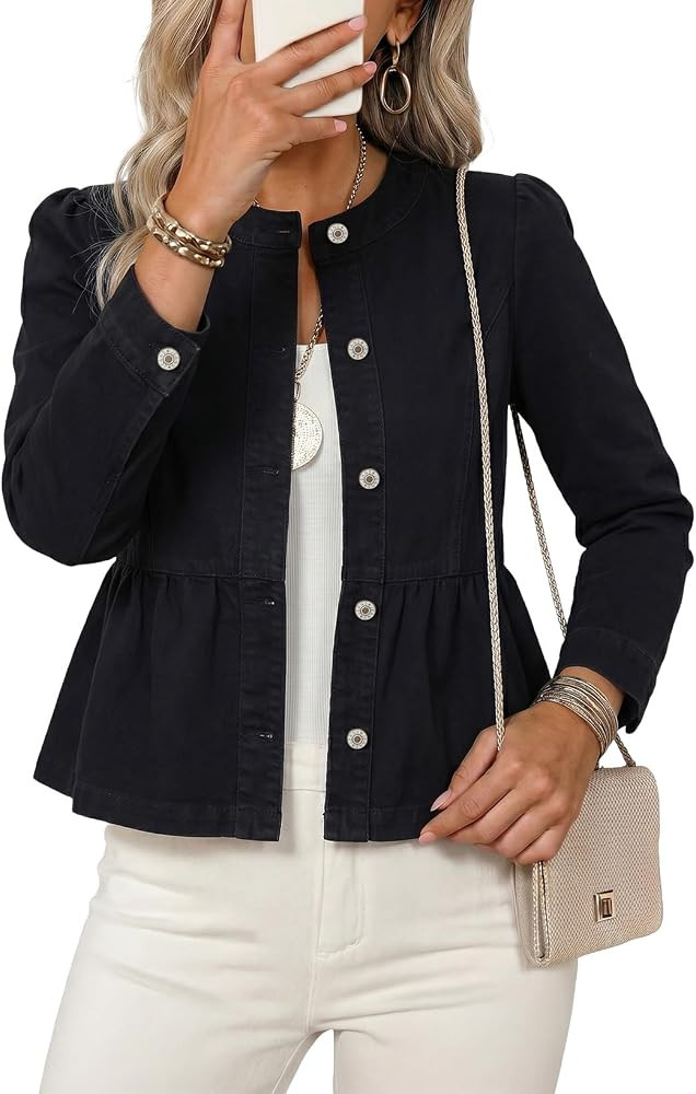 Dokotoo Cropped Jean Jacket Women Button Down Long Sleeve Collarless Cinched Waist Denim Jackets | Amazon (US)
