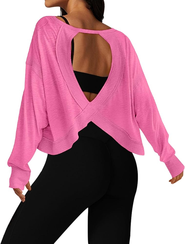 UNIANKIYA Open Back Workout Tops for Women Long Sleeve Cropped Athletic Clothes Gym Running Yoga ... | Amazon (US)