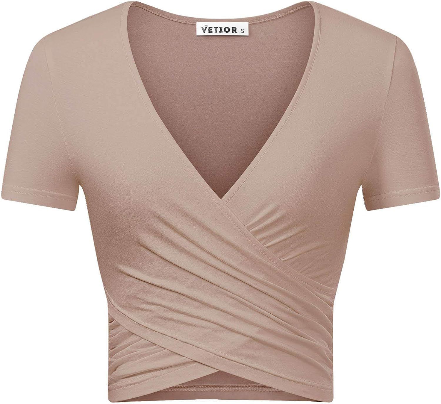 VETIOR Women's Deep V Neck Short Sleeve Unique Slim Fit Cross Wrap Shirts Crop Tops | Amazon (US)