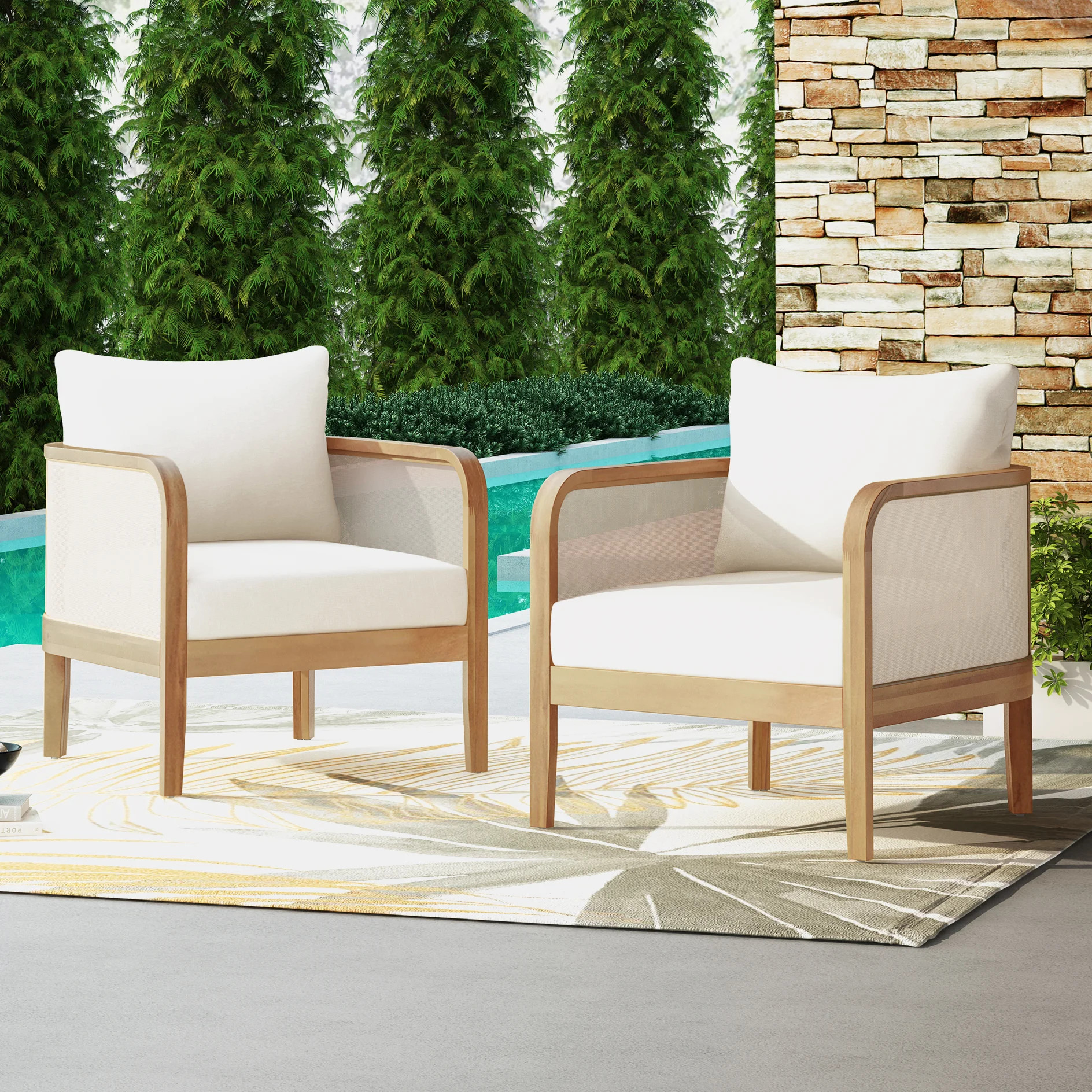 Zyaire Outdoor  Acacia Wood Club Chair With Cushions (Set of 2) | Wayfair North America