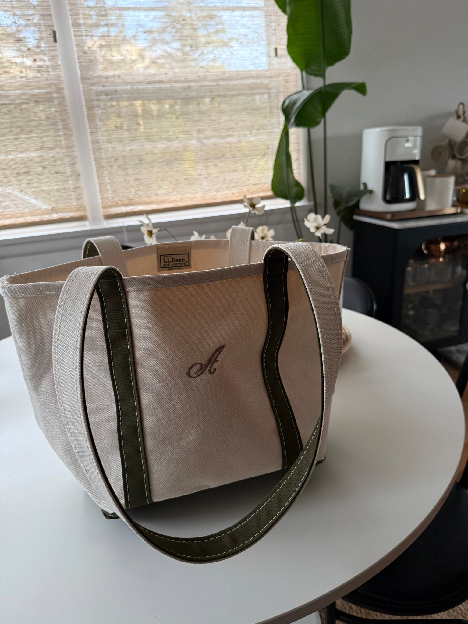 LL Bean boat and tote in a size medium, long straps, antique green. Embroidered with an “A” monogram in Style: 58 Thin Script Upper/lowercase. Thread Color: Taupe  

#LTKU #LTKStyleTip #LTKActive