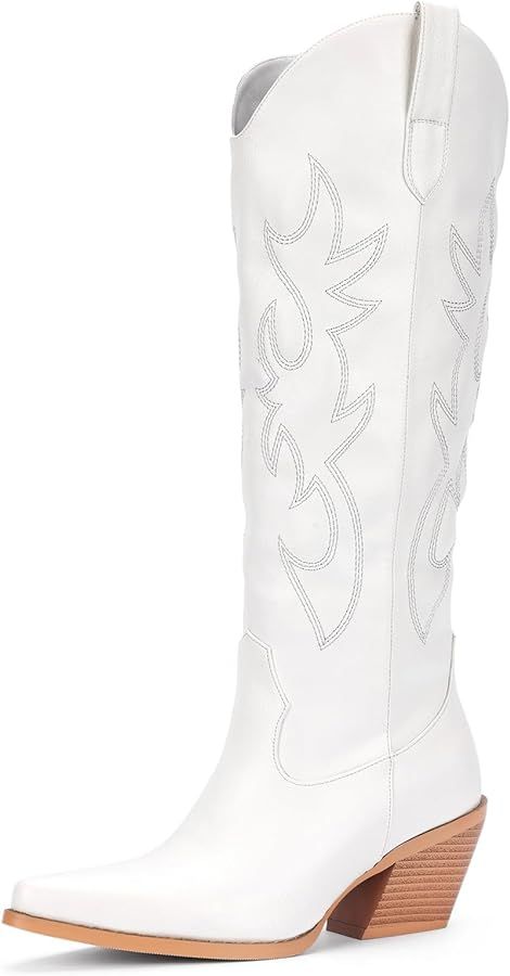 Amazon.com | Pasuot White Cowboy Western Boots for Women - Wide Calf Cowgirl Knee High with Side ... | Amazon (US)