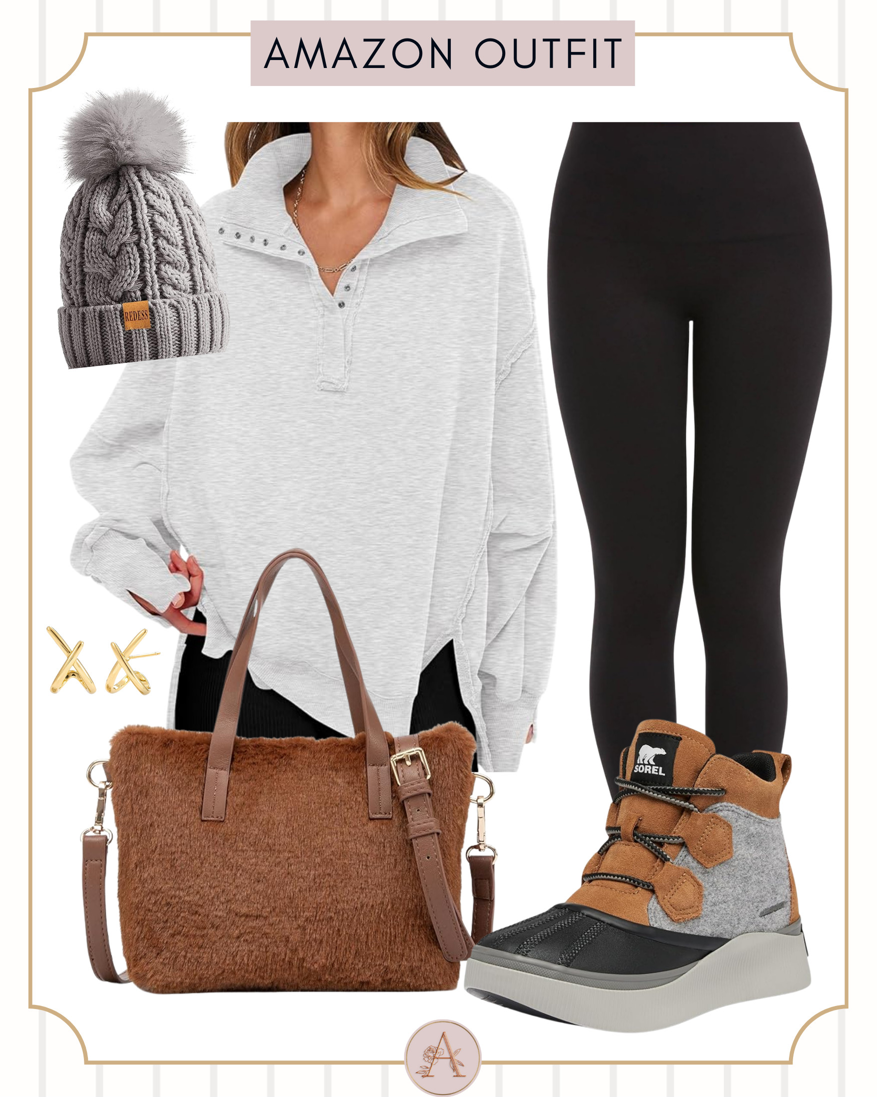 Amazon winter outfit with an oversized snap pullover, black leggings, cozy beanie, faux fur tote, and Sorel boots. Easy everyday cold weather look ❄️
#AmazonFashion #FallOutfits #CozyStyle #AmazonWardrobe #OOTD #AmazonFinds 

 #LTKootd #LTKFindsUnder50