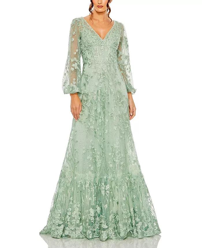 V Neck Puff Sleeve A Line Embroidered Gown | Bloomingdale's (US)