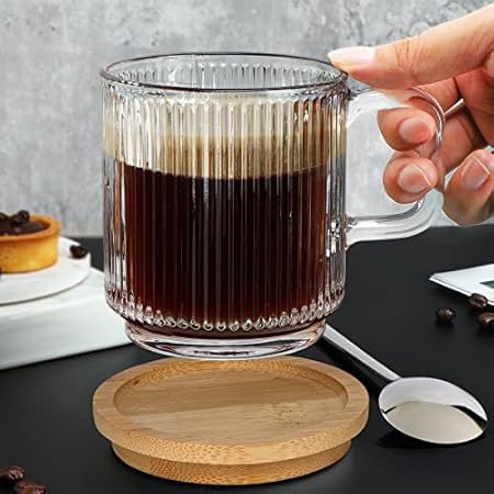 Lysenn Clear Glass Coffee Mug with Lid - Premium Classical Vertical Stripes Glass Tea Cup - for |Lat | Amazon (US)