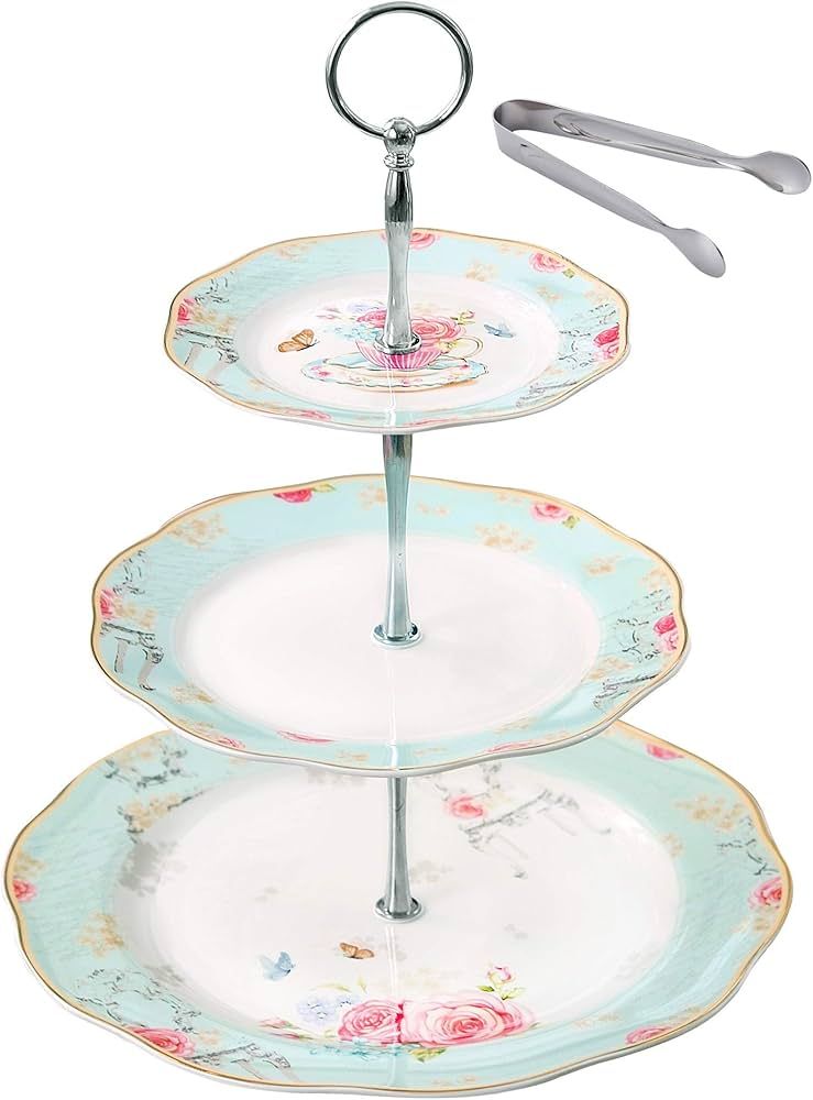 Jusalpha Light Blue 3-Tier Ceramic Cake Stand- Cupcake Stand- Tea Party Pastry Serving Platter Co... | Amazon (US)