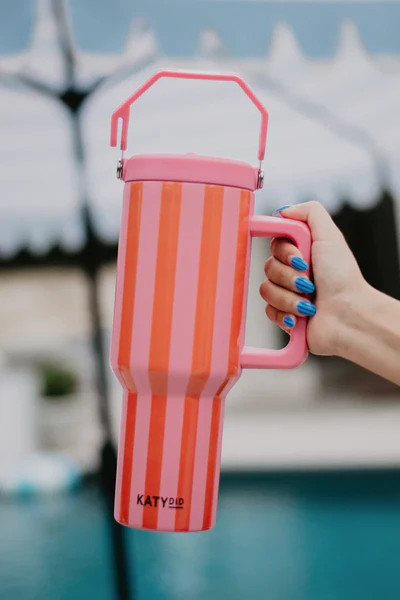Cabana 38 Oz Tumbler with Handle (Pink and Orange Striped) | Katydid