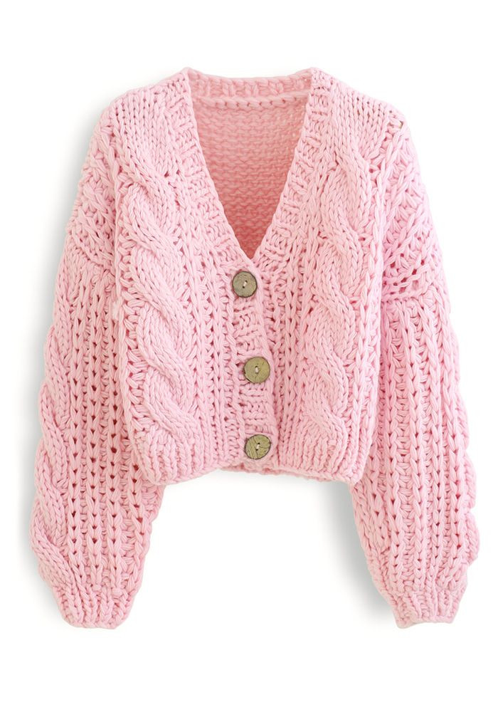 V-Neck Crop Hand-Knit Chunky Cardigan in Pink | Chicwish