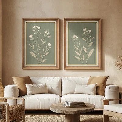 Green Botanical Floral Twin Panel Subtle Natural - Set of 2 Premium Framed Wall Art Print on Paper 26"x36 | Wayfair North America