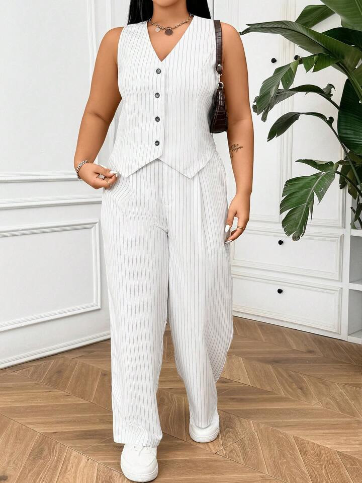 SHEIN EZwear Plus Size Summer Casual Striped Vest & Long Pants Suit | SHEIN