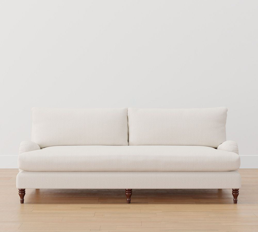 Carlisle English Arm Upholstered Grand Sofa 91" with Bench Cushion, Polyester Wrapped Cushions, Sunbrella(R), Performance Herringbone Oatmeal | Pottery Barn (US)