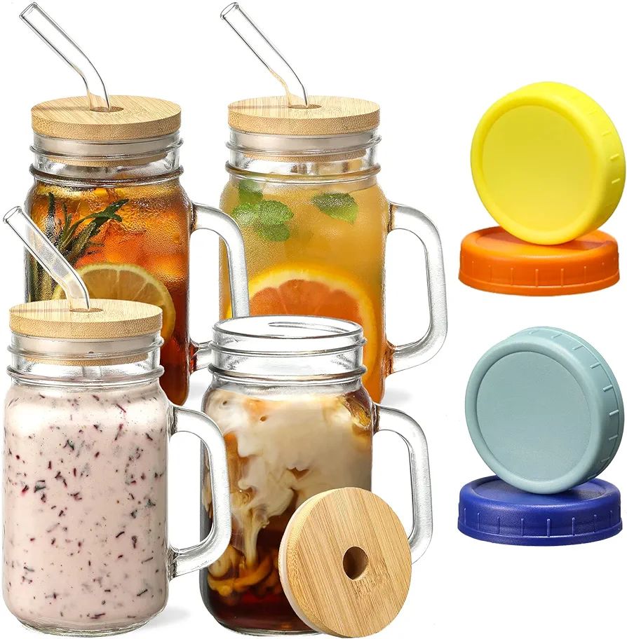 Mason Jars with Handle, Glass Mugs with Straws and Bamboo Lids & Colorful Airtight Lids 4pcs Set,... | Amazon (US)