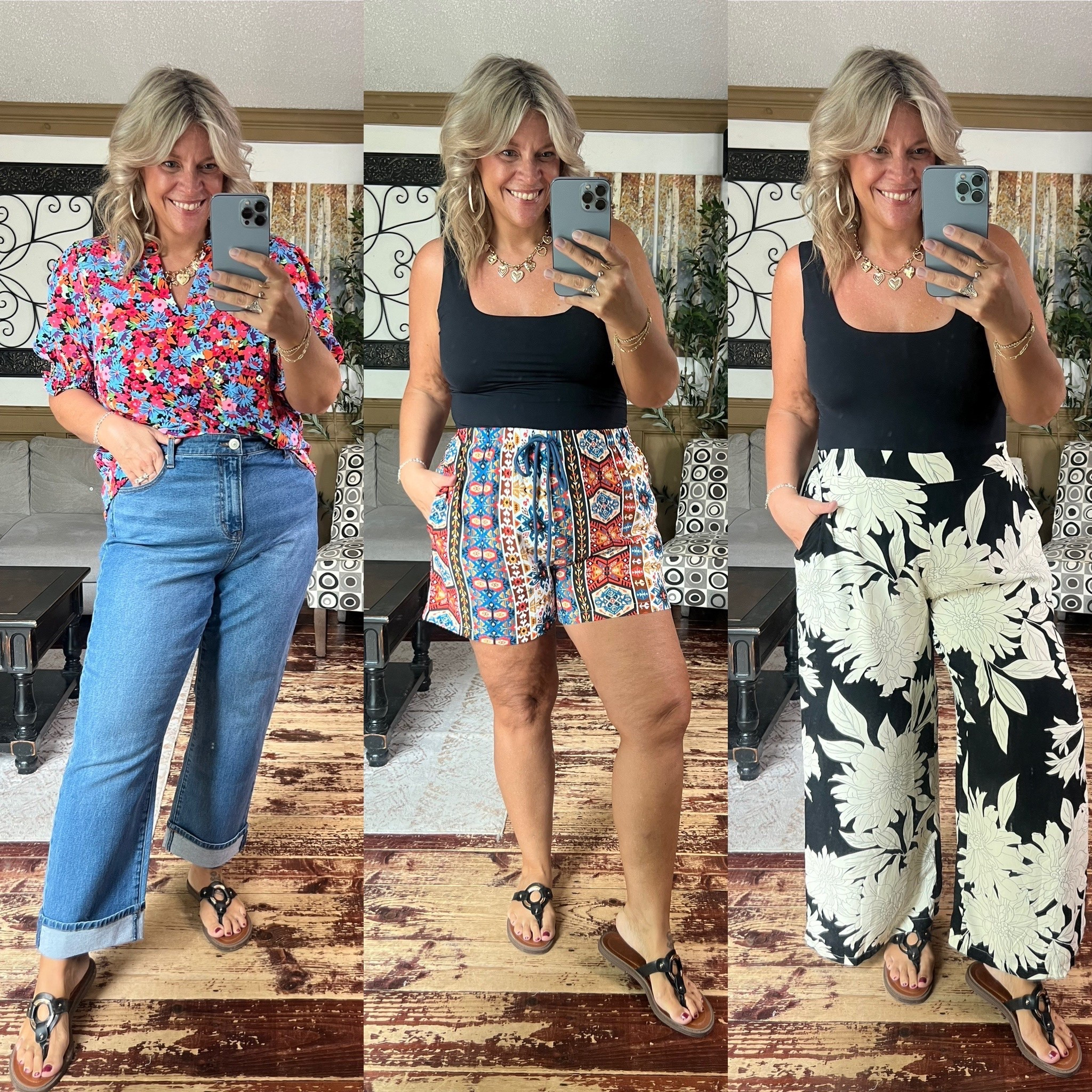 Causal summer outfit ideas- size xl in blouse and shorts, size 16 in jeans, size xxl in wide leg pants and large in double lined tank top 

#LTKMidsize #LTKStyleTip #LTKFindsUnder50