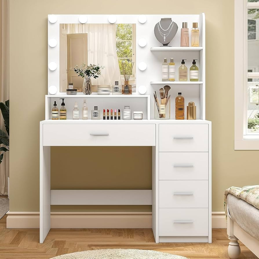 Quimoo Makeup Vanity Desk with Mirror & Lights, Vanity Desk with 5 Drawers & Storage Shelves, Van... | Amazon (US)
