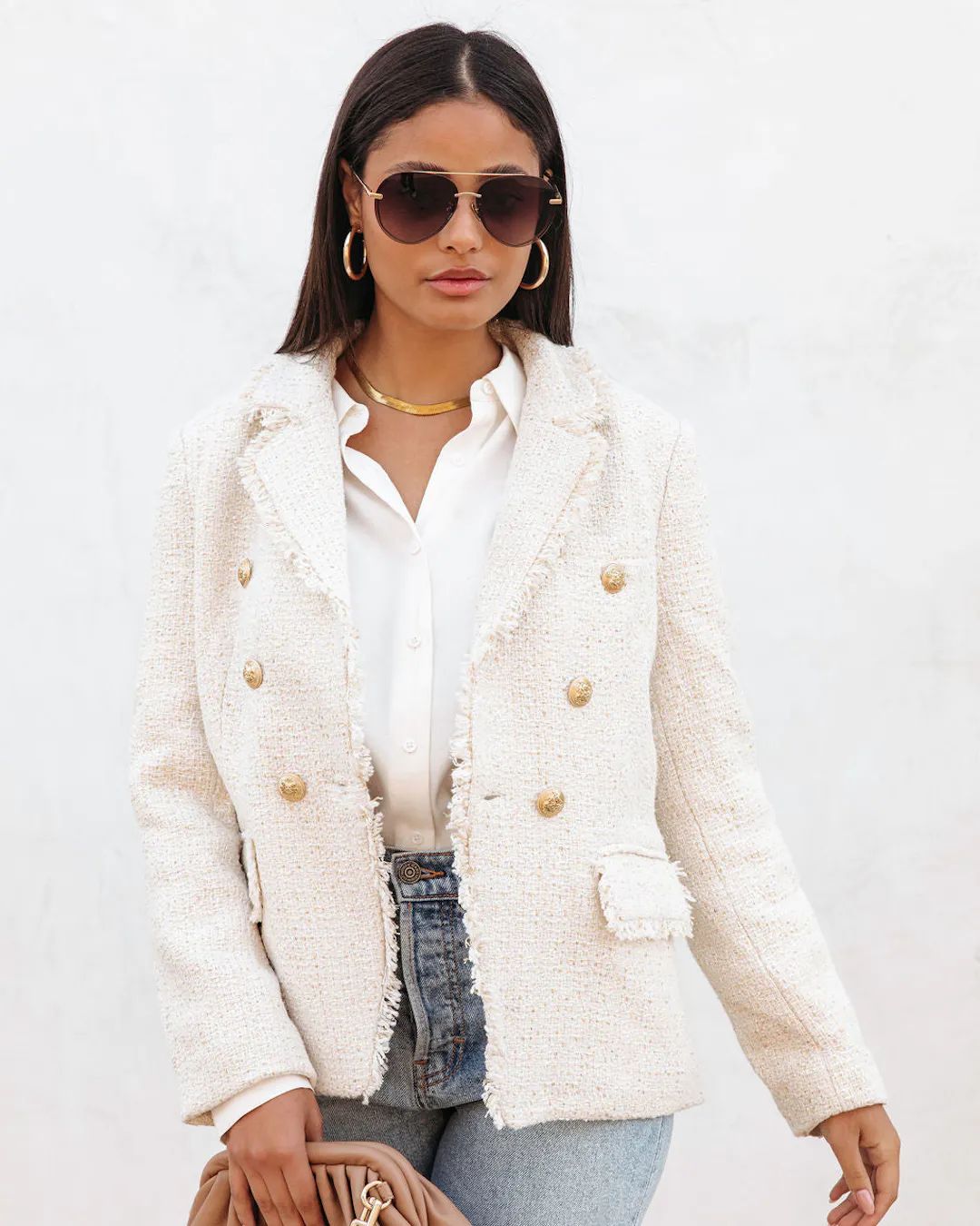 Monte Carlo Tweed Pocketed Blazer - Ivory - FINAL SALE | VICI Collection