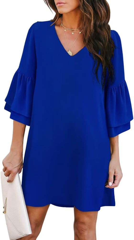 BELONGSCI Women's 2023 Summer Dress Sweet & Cute V-Neck Bell Sleeve Shift Dress Mini Dress | Amazon (US)