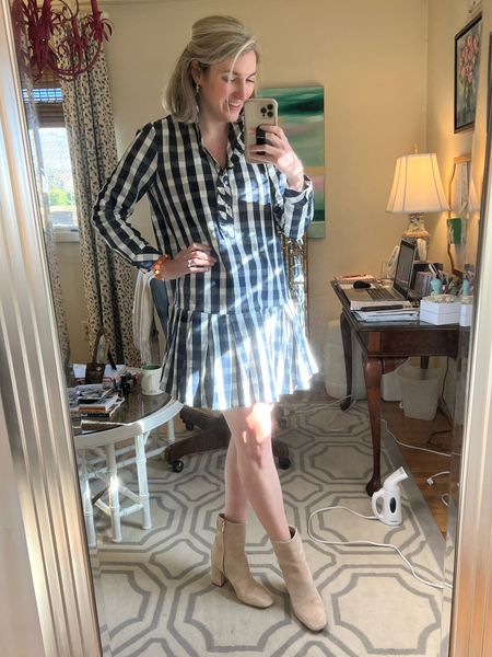 I bought this dress in the fall and it is also perfect for these mild winter days! Comes in several patterns too, I took a medium! My booties are the perfect light tan and on super sale!