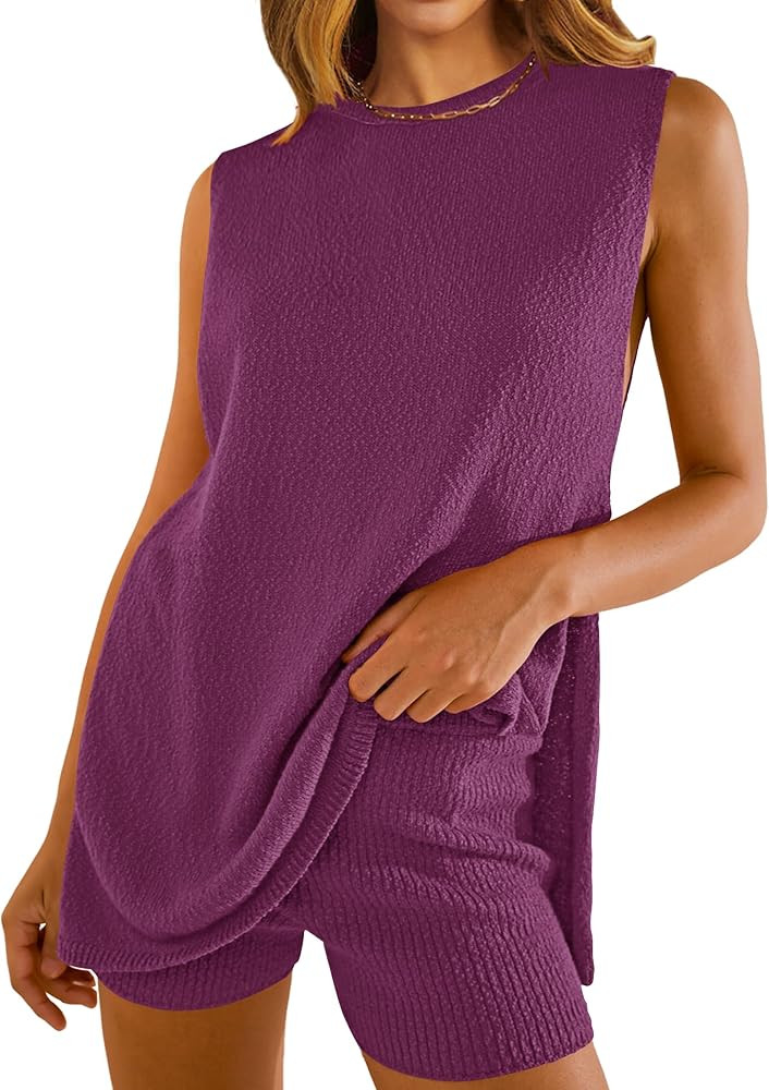 NENONA Women's Summer Sleeveless Sweater Sets Casual Knit Tunic Tops and Shorts 2 Piece Outfits | Amazon (US)