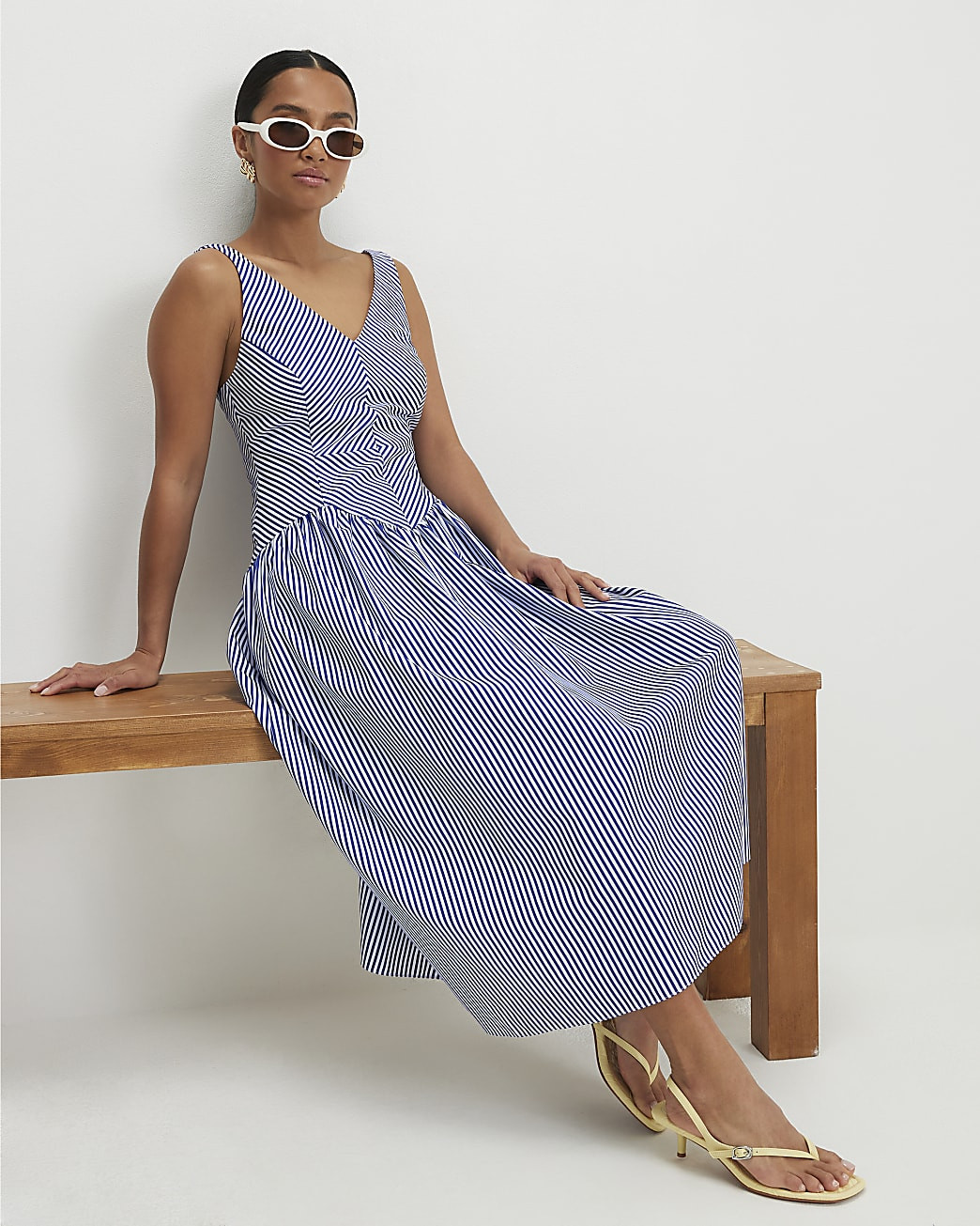 Petite Navy V Neck Stripe Midi Dress | River Island UK & IE