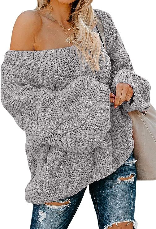 Zecilbo Women's Off Shoulder V Neck Cable Knit Sweater Casual Loose Long Sleeve Chunky Jumper Top... | Amazon (US)